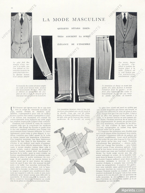 La Mode Masculine - Quelques détails essentiels, 1928 - The Fashionable Man Jacket, Vest, Pants, Tie... Men's Clothing