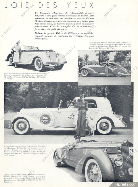 "Concours d'élégance de l'Automobile" 1937 Delage, Mrs Louis Arpels, Mlle Bertani, Comtesse de Gozdawa Goldlewska, Mrs Richer Delaveau
