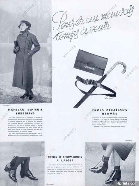 Hermes (Handbag, Belt) Burberrys (Coat) Aigle (Shoes) 1936 Handbag, Belt