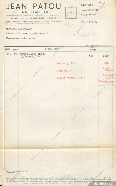 Jean Patou (Perfumes) 1947 invoice