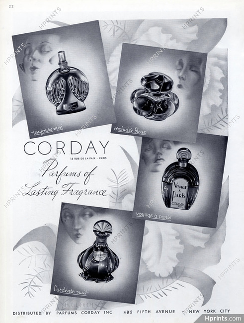 Corday (Perfumes) 1937 Toujours moi, orchidée bleue, voyage à Paris, L'ardente nuit