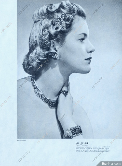 Ostertag 1937 Parure, Clip de Cheveux, Clip d'oreilles, Bracelet, Bague, Hairstyle Albert Pourriere, Photo Eugène Rubin