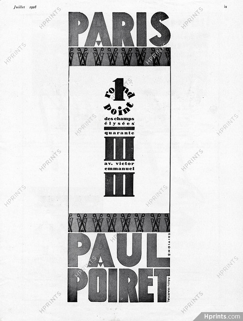 Paul Poiret 1928 Label, Address N°1 Rond Point des Champs Elysées, Paris