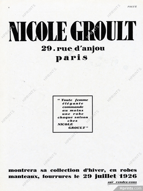 Nicole Groult (Couture) 1926 Ad