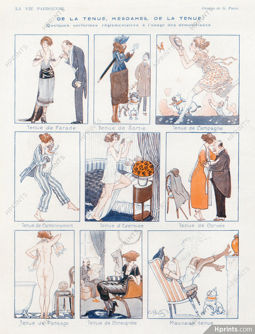 Georges Pavis 1919 "Tenue de soirée, Tenue de Campagne, de Corvée, Mauvaise Tenue" French Bulldog, Comic Strip