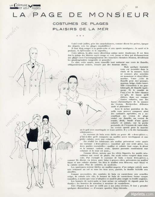 La Page de Monsieur - Costumes de Plages Plaisirs de la Mer, 1930 - Luc Men's Clothing, Swimwear, Texte par Pierre de Trévières, 2 pages