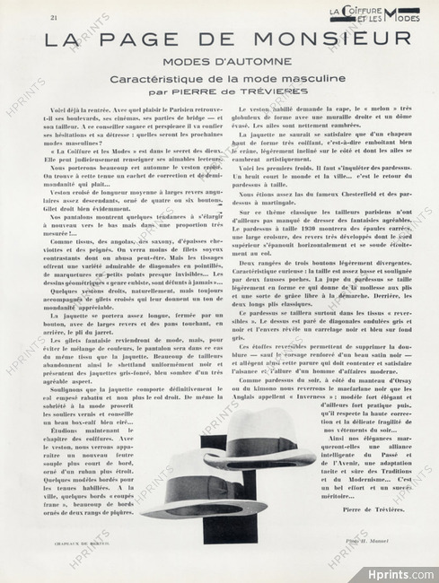 La Page de Monsieur - Modes d'automne, 1930 - Berteil Men's Hats, Text by Pierre de Trévières