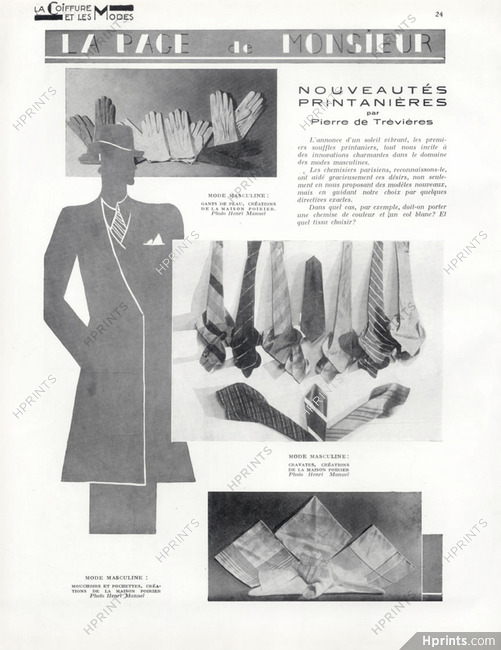 La Page de Monsieur - Nouveautés Printanières, 1930 - Poirier (Men's Clothing) Ties, Gloves, Texte par Pierre de Trévières, 2 pages