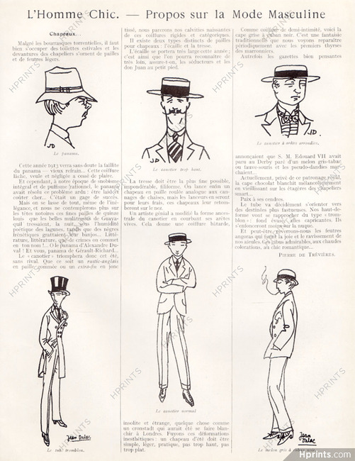 L'Homme Chic - Propos sur la Mode Masculine - Chapeaux, 1913 - Jean Dulac Men's Hats, Le Canotier, Le Panama, Le Melon, Texte par Pierre de Trévières