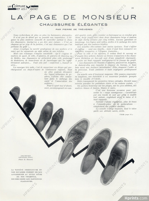 La Page de Monsieur - Chaussures Élégantes, 1930 - Pinet & Coronis (Men's Shoes), Text by Pierre de Trévières, 2 pages