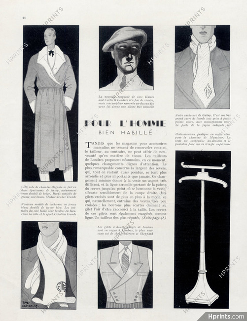 Pour l'Homme Bien Habillé, 1929 - The Fashionable Man Gabry, Irande, Anderson & Sheppard, Guy Sabran, Men's Clothing, Robe de Chambre, Gilet...