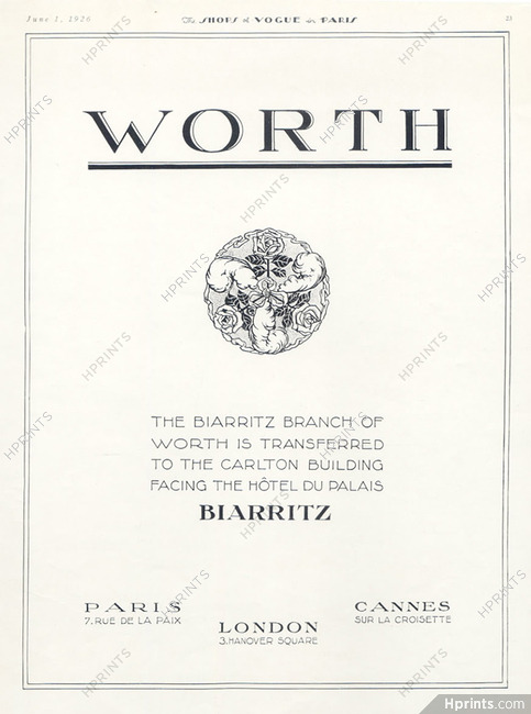Worth (Couture) 1926 Label, 7 rue de la Paix Paris, 3 Hanover Square London, Cannes sur la Coisette