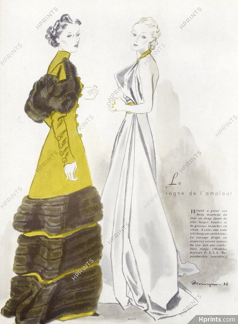 Worth (Couture) 1936 Pierre Mourgue, Evening Coat with Fur, Evening Gown