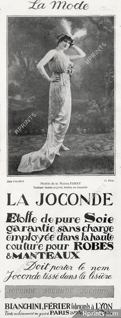 Bianchini Férier (Fabric) 1914 La Joconde Textile, Miss Valska, Evening Gown Parry Couture