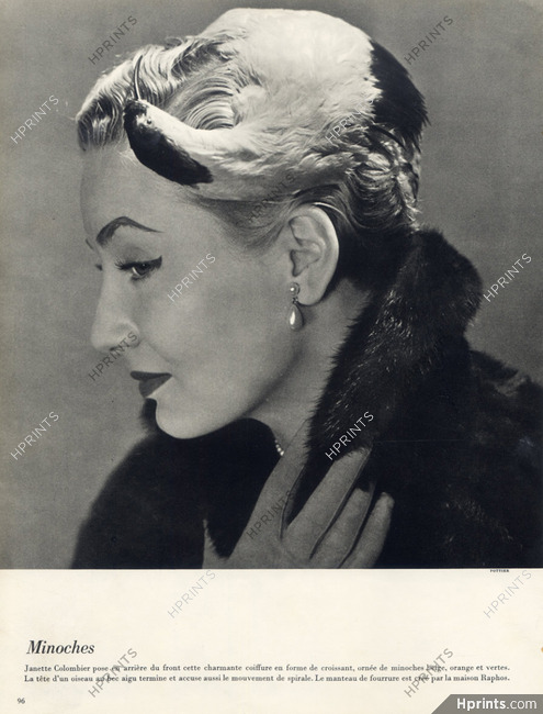 Janette Colombier 1950 Fashion Photography Feathers Hat, Philippe Pottier