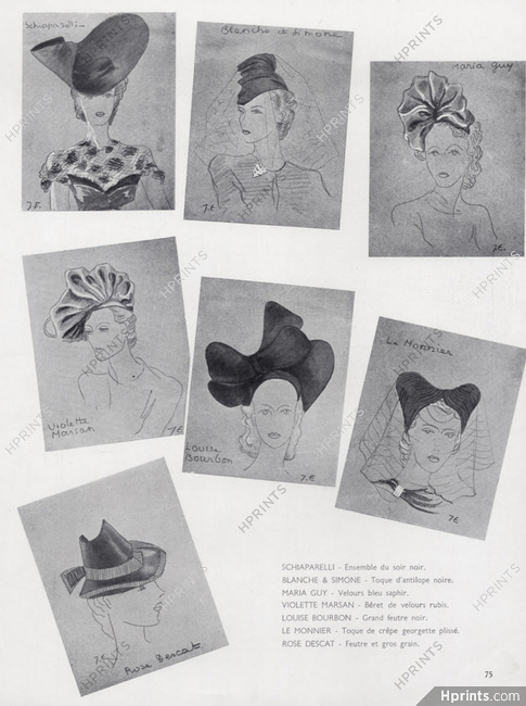 Schiaparelli, Blanche et Simone, Maria Guy, Violette Marsan, Louise Bourbon, Le Monnier, Rose Descat 1937 Fashion Illustration