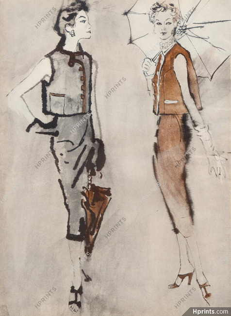 René Bouché 1952 Traina Norell, Bonwit Teller, Gunther Jaeckel... 2 illustrated Pages, 2 pages