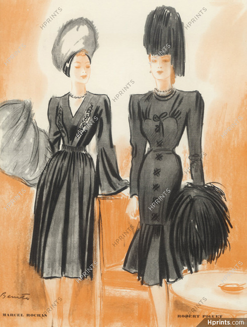 Eduardo Garcia Benito 1942 Marcel Rochas & Robert Piguet Black Dresses