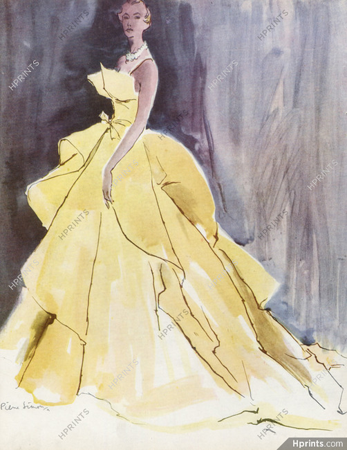 Christian Dior 1949 Evening Gown, Fashion Illustration, Pierre Simon