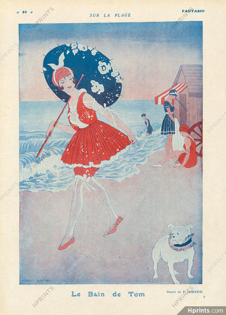 Fabius Lorenzi 1916 Bathing Beauty, English Bulldog, Collar, Beach