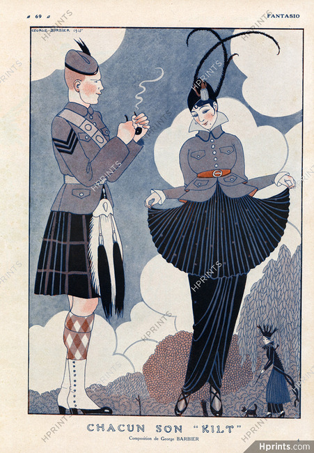 George Barbier 1915 "Chacun son Kilt", National Costume Scottish, Elegant Parisienne, Art Deco Style