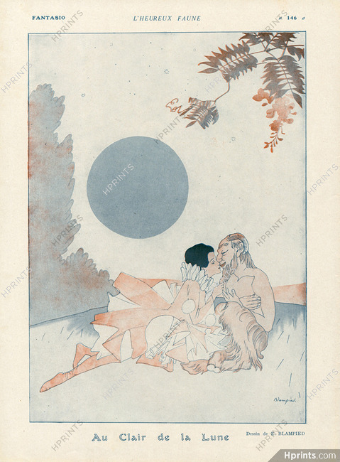 Au Clair de la Lune - L'Heureux Faune, 1916 - Woman Dressed As Pierrot, Faun, Moonlight, Blampied