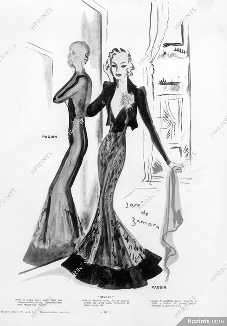 Paquin 1937 Evening Gown Black Lace, Fashion Illustration, José de Zamora