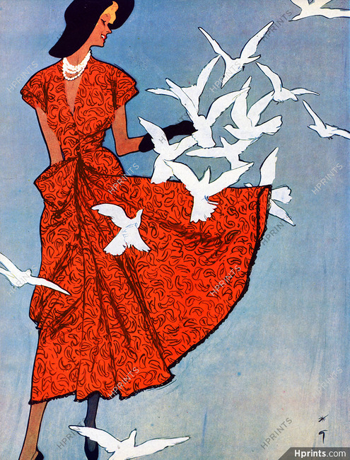 Jeanne Lafaurie 1949 René Gruau, Fashion Illustration, Bird