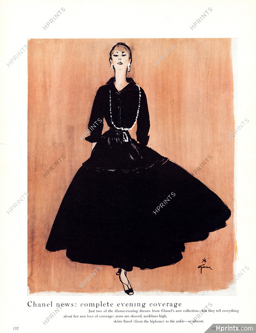 Chanel (Couture) 1954 René Gruau, dinner-evening dress from Chanel's new collection