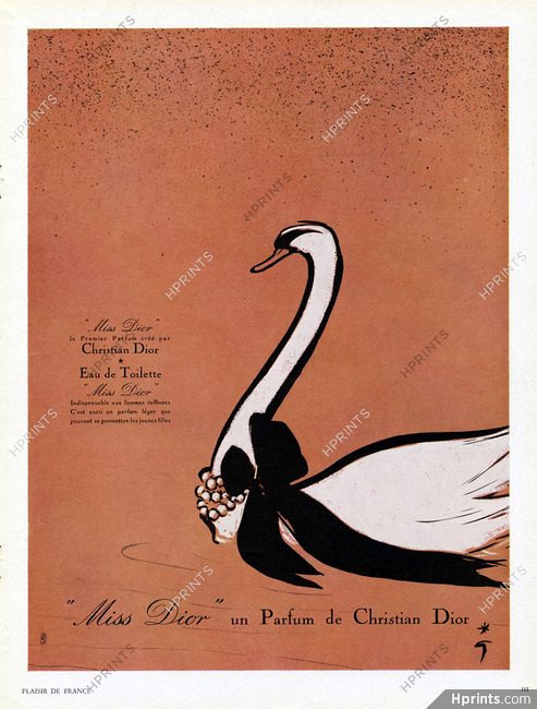 Christian Dior (Perfumes) 1950 Parfum Miss Dior, Swan, René Gruau (Swan, white frame)