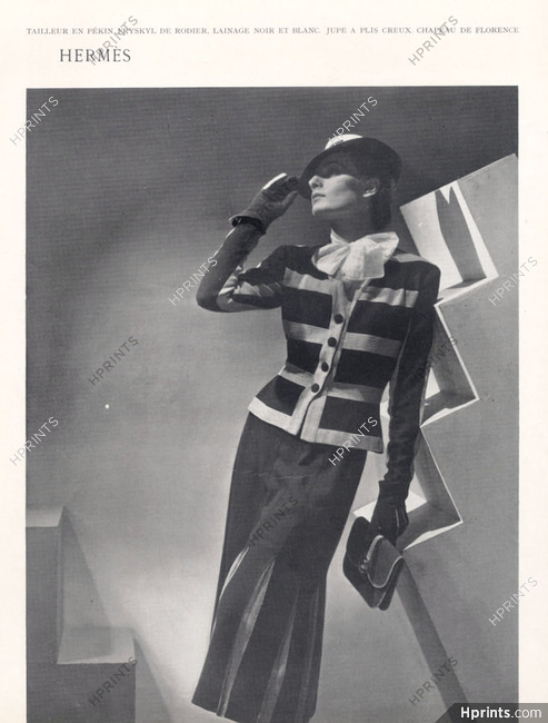 Hermès (Couture) 1937 Tailleur de lainage noir et Blanc, Florence Hat, Rodier