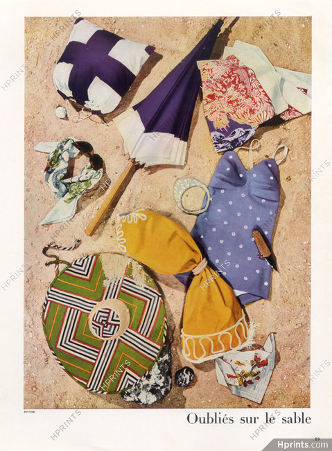 Hermès (Swimwear) Marcel Rochas, Jean Barthet, Calixte, Molyneux 1948 Beach Bag, Parasol