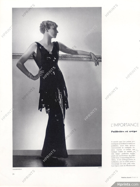 Schiaparelli (Couture) 1934 Photo Horst, Evening Gown... Tunique Paillettes noires
