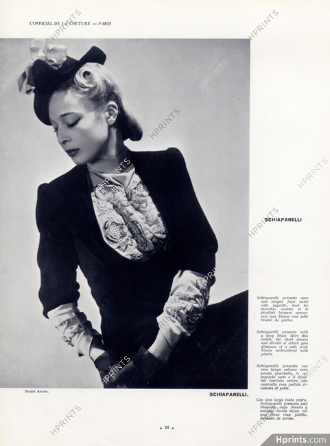 Schiaparelli 1940 Jacket, Blouse Embroidered with Pearls, Fashion Photography Anzon