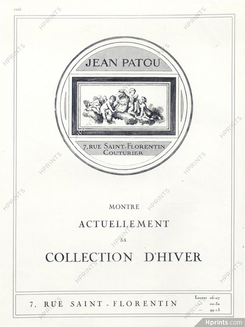 Jean Patou (Couture) 1923 Label, Address 7 rue Saint-Florentin