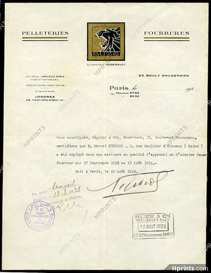 Ruze & Cie (Fur Clothing) 1928 Negrier & C° (Successor) Attestation of Employment