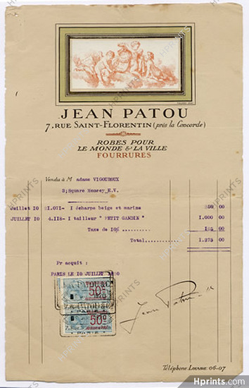 Jean Patou 1920 Invoice, Autograph