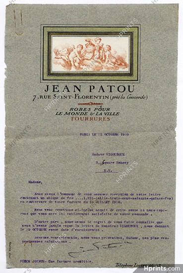 Jean Patou 1920 Autograph, Acknowledgement Receipt of Payment
