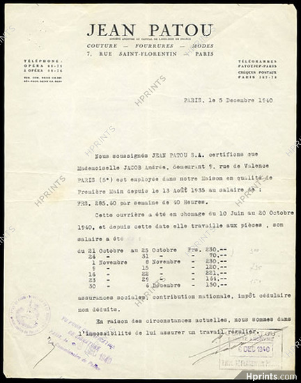 Jean Patou 1940 Attestation of employment