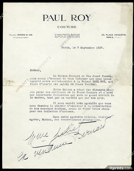 Paul Roy (Couture) - Collaboration with the house Bernard & Cie 1937 Invitation Letter, 26 Place Vendôme
