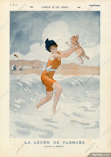 René Préjelan 1914 l'Amour et les Sports...La leçon de Plongée, Bathing Beauty, Angel