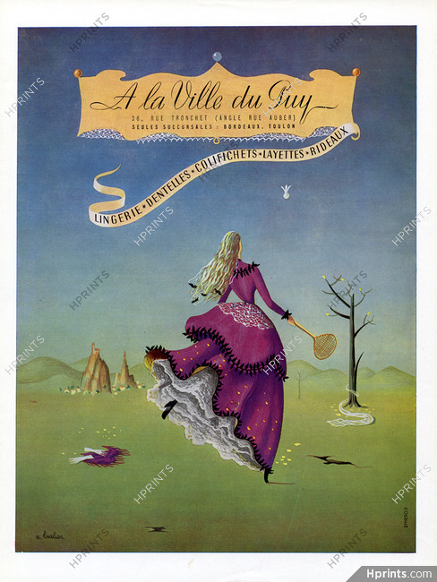 A La Ville Du Puy (Lingerie) 1951 A.Barlier, Surrealism, Badminton