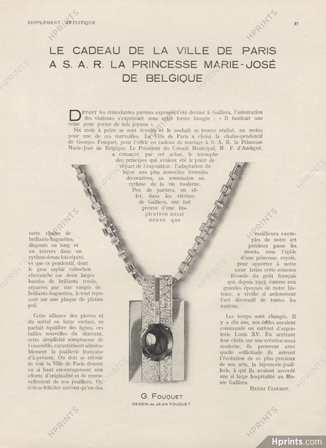 Le Cadeau de la Ville de Paris..., 1930 - Georges Fouquet Chaine-Pendentif, Saphir Cabochon, for Princesse Marie-Josée de Belgique, Text by Henri Clouzot
