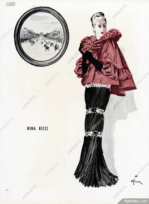 Nina Ricci 1945 Evening Gown, Cape, René Gruau