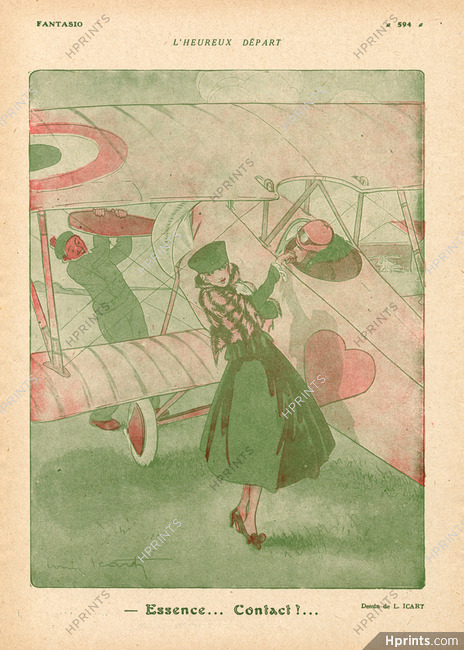 Louis Icart 1917 L' Heureux Départ, Aviator, Airplane, Lovers