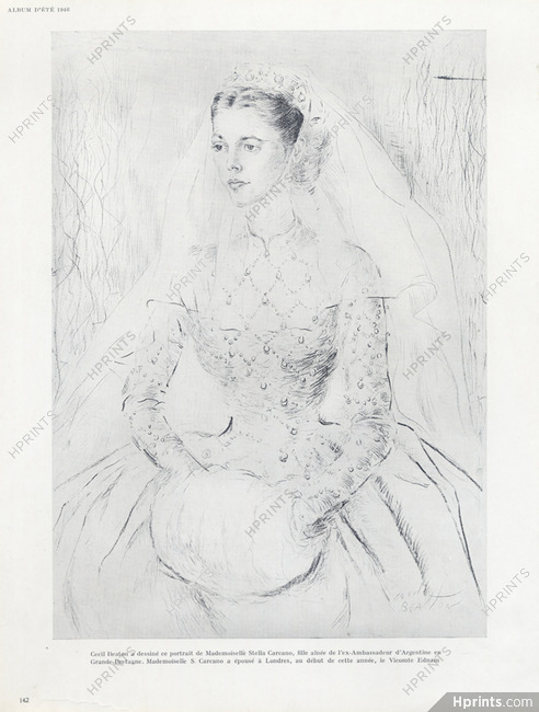 Cecil Beaton (Drawing) 1946 Stella Carcano Portrait, Wedding Dress