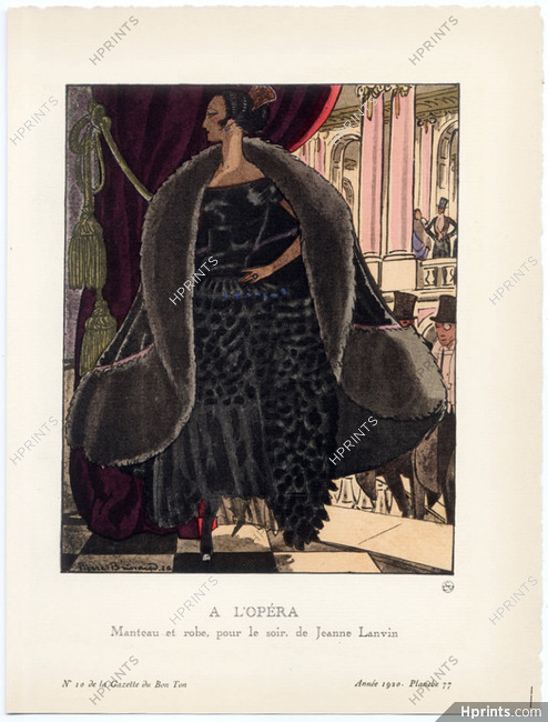 À l'Opéra, 1920 - Pierre Brissaud, Manteau et robe pour le soir, de Jeanne Lanvin. La Gazette du Bon Ton, n°10 — Planche 77