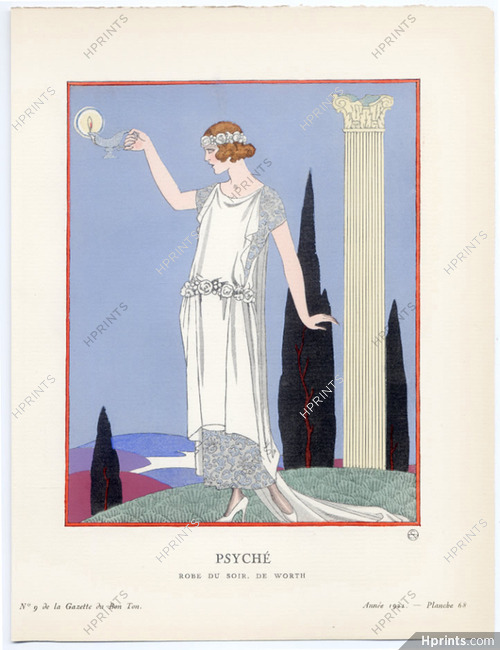 Psyché, 1921 - George Barbier, Robe du soir de Worth. La Gazette du Bon Ton, n°9 — Planche 68