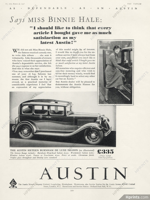 Austin (Cars) 1932 Miss Binnie Hale, "Sixten" Burnham de Luxe Saloon