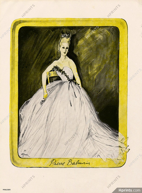 Pierre Balmain 1946 René Gruau, Evening Gown, Fashion Illustration